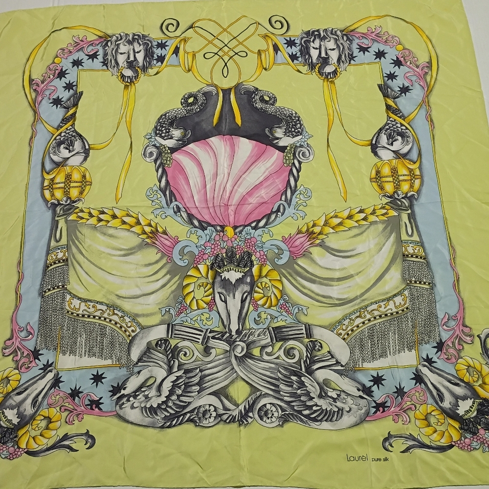 ❤️LAUREL BY ESCADA HORSE EQUESTRIAN PINK GRAY PURE SILK SCARF 38X38